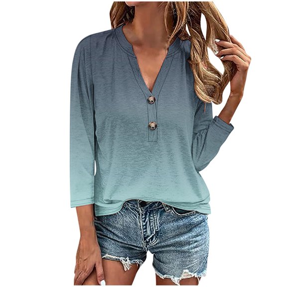 GaThRRgYP Workout Tops for Women,Plus Size Tops for Women,Women's Tops Fashion Solid Button Shirt Female V-Neck Loose T-shirt Blouse Gray S