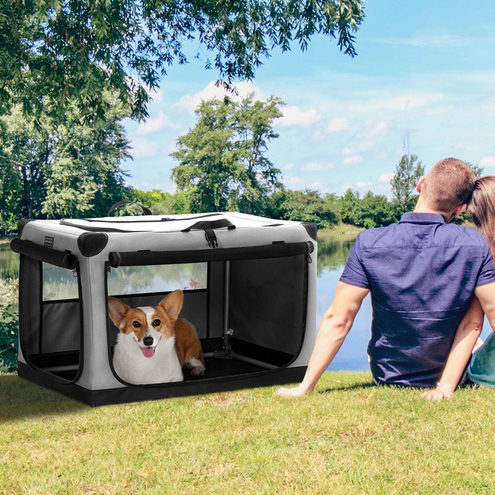 Petsfit 30 Inch Travel Dog Crate, Adjustable Fabric Cover by Spiral Iron Pipe, Chew Proof 3 Door Design, Portable Collapsible Dog Crate Grey