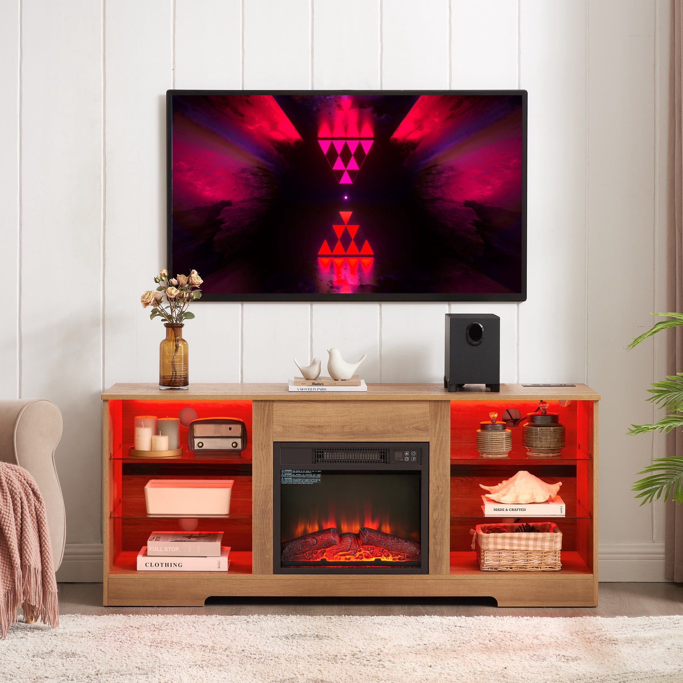 Noble House Hector 58" Electric Fireplace TV Stand, Media Console with Glass Shelves, Cable Hole, 62" TVs, Oak