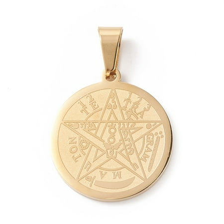 Ion Plating(IP) 304 Stainless Steel Flat Round Tetragrammaton Pentagram Wiccan Pendant Laser Cut Golden 27x24x2mm Hole: 9x5mm for DIY