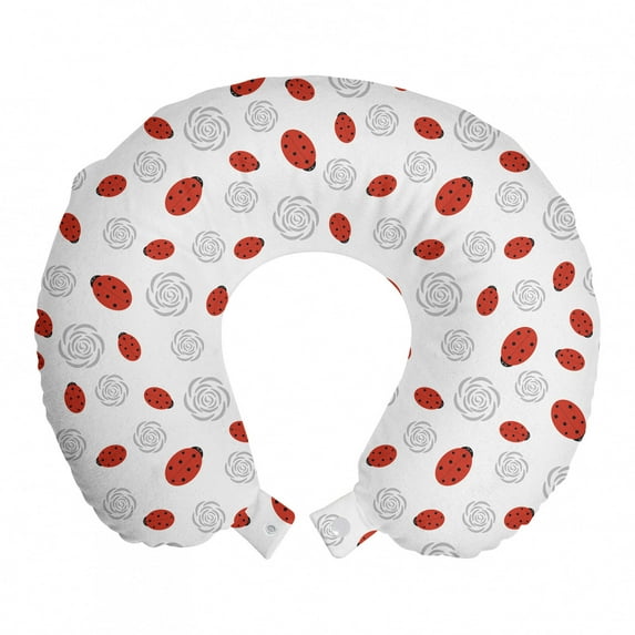 Ladybugs Travel Pillow Neck Rest, Abstract Flower Silhouettes Nature Illustration Children Cartoon Style, Memory Foam Traveling Accessory Airplane and Car, 12", Vermilion Black Grey, by Ambesonne