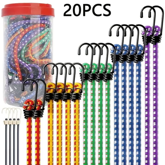 Bungee Cords Heavy Duty, 20 Pcs Premium Rubber Bungee Cords with Hooks in a Storage Jar Includes 10", 18", 24", 30", 36", 48" Bungee Cord for Camping, Tent, Fastening Items