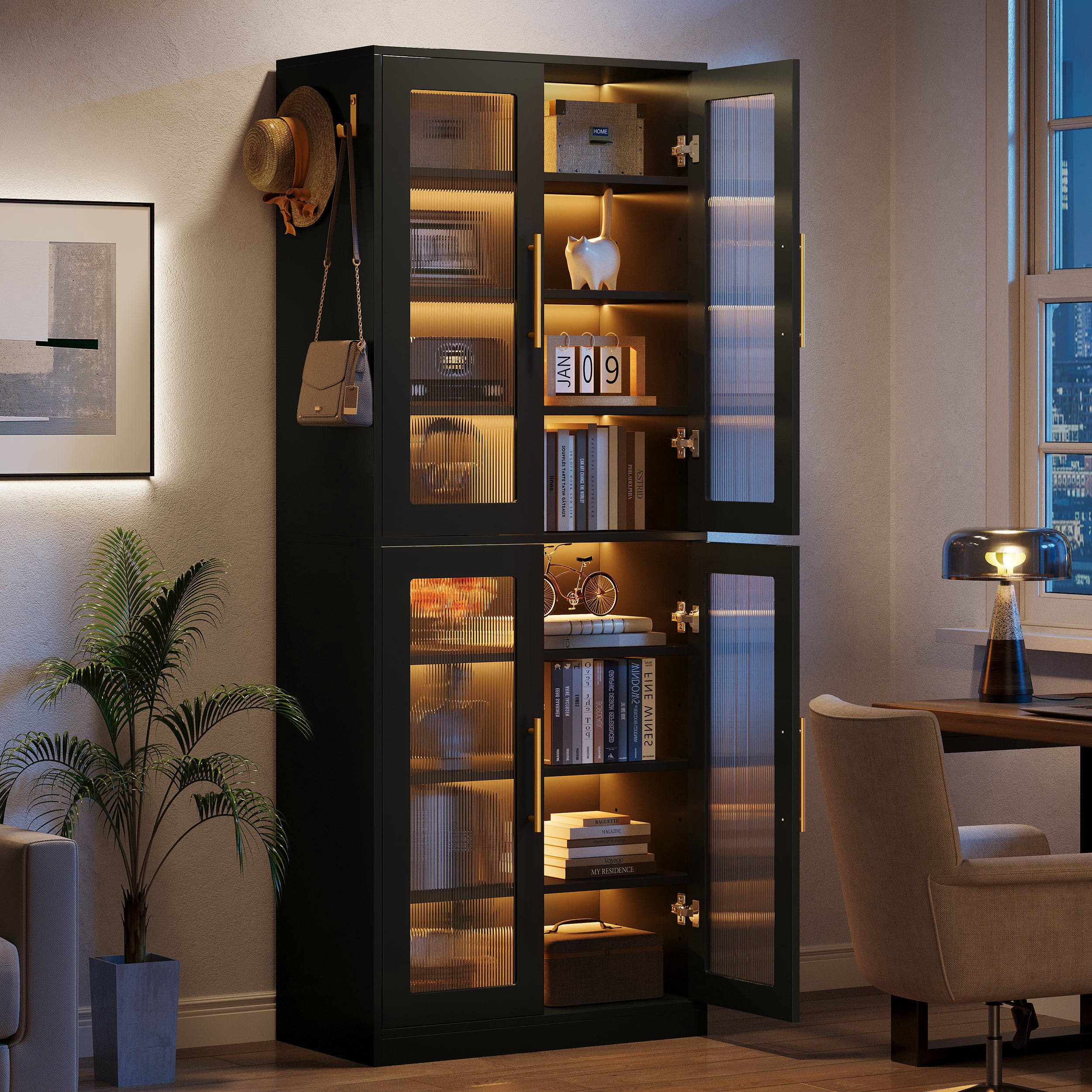 Fnova 66.93" Bookcase with Doors, 8 Tier Storage Cabinet with LED Lights for Living Room, Bedroom, Study, Black