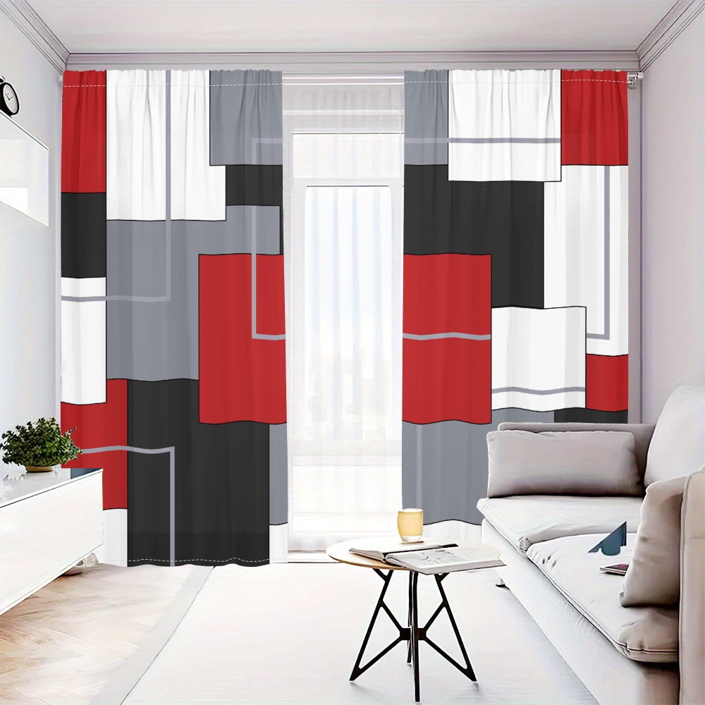 WNOOHIY Red White Black Plaid Patterned Window Curtains for Bedroom and Living Room, Set of 2 Panels
