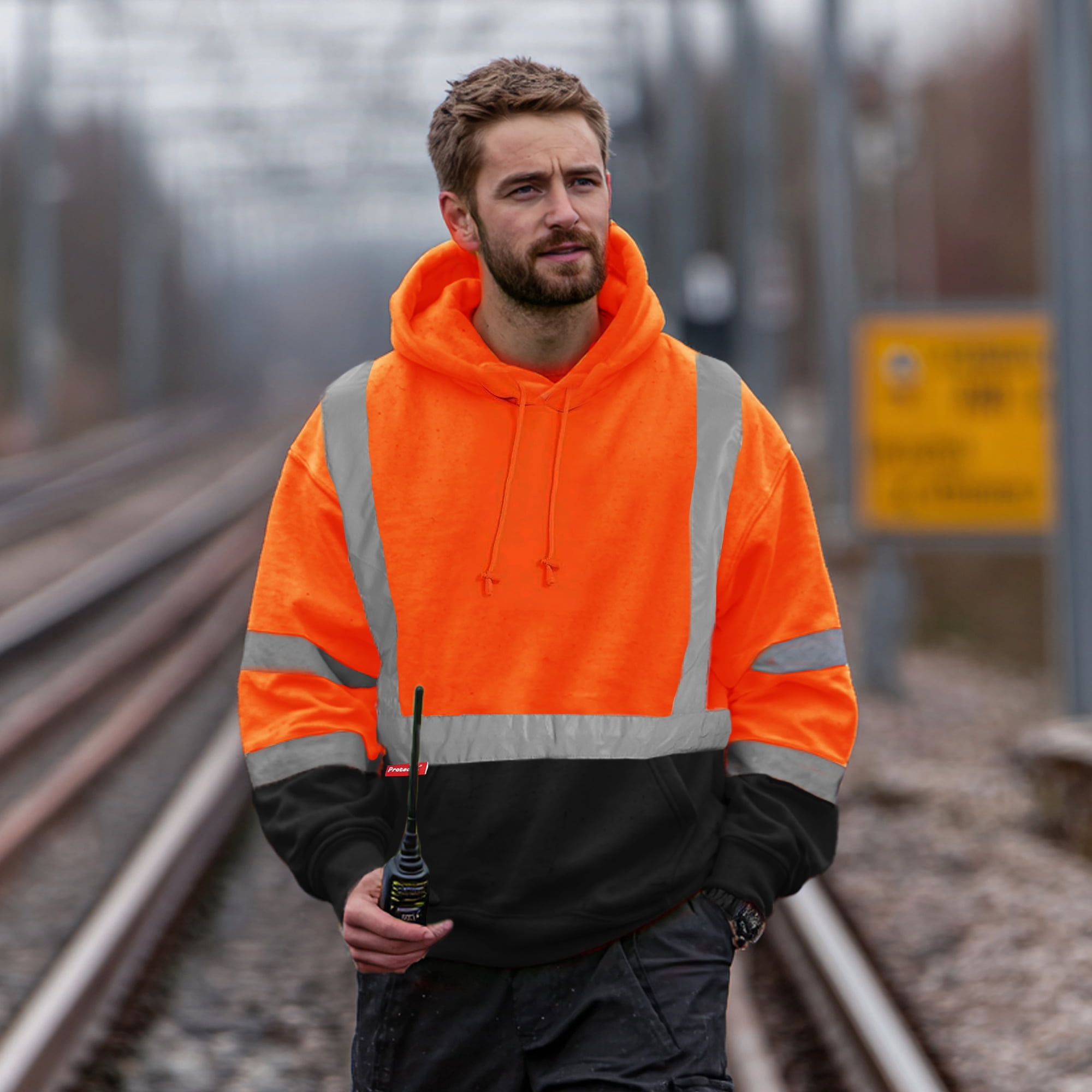 ProtectX Hi Vis Safety Hoodie for Men Women, Class 3 Reflective High Visibility Sweatshirt with Large Pocket, Long Sleeve Hooded Drawstring Pullover for Work & Construction, Orange, Medium