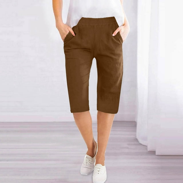 Bermudas en Lin pour Femmes à Enfiler, Shorts en Lin pour Femmes Longueur Genou Bermudas, Bermudas en Lin Légers et Décontractés pour Femmes Taille Élastique Short d'Été en Coton avec Poches