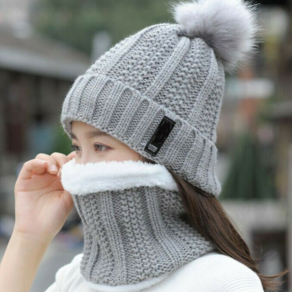 FOCUSNORM 2Pcs Scarf Hat Set Women Winter Warm Solid Pompoms Knitted Soft Caps And Scarves