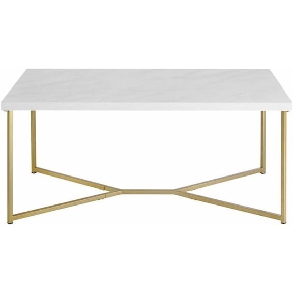 Mid-Century Modern Storage Shelf Rectangle Coffee Table in White Faux Marble and Gold