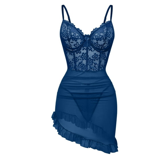 SHOWMALL Women's Lingerie Lace Nightdress Strap Chemise Underwire Bodysuit Sexy V Neck Sleepwear Navy Blue L