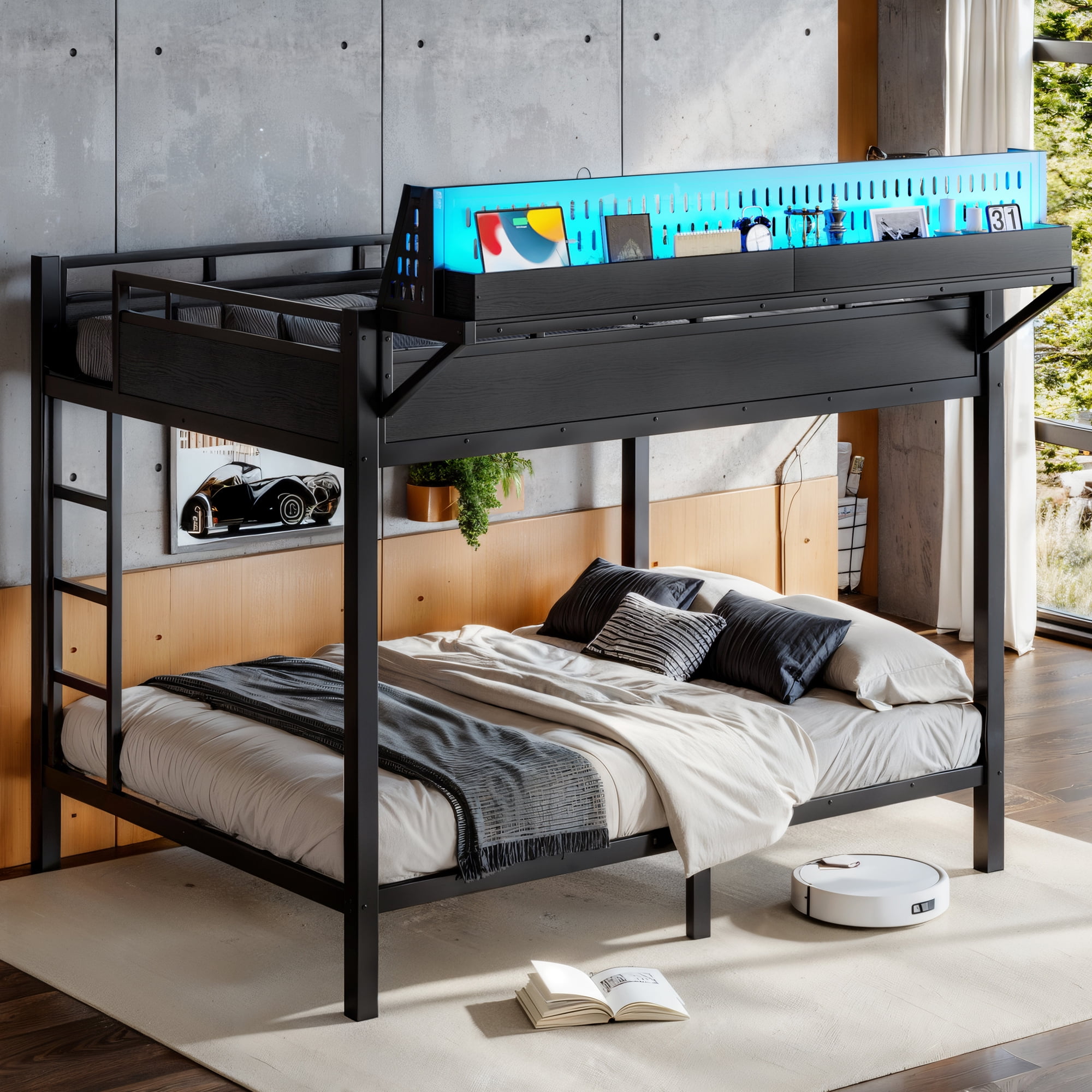 Leumius Queen over Queen Size Bunk Bed with Storage Shelves and Pegboard,Heavy Duty Metal Bunk Bed with USB Ports and LED Lights,Space-Saving,Black