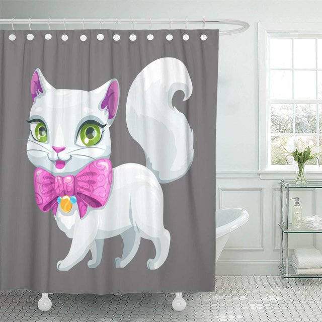 ABPHQTO Gatito rosa lindo dibujo animado mullido gato blanco gatito niña adorable cortina de ducha 150x180 cm