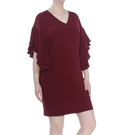 ralph lauren burgundy flutter shift knee evening neck sleeve above womens dress