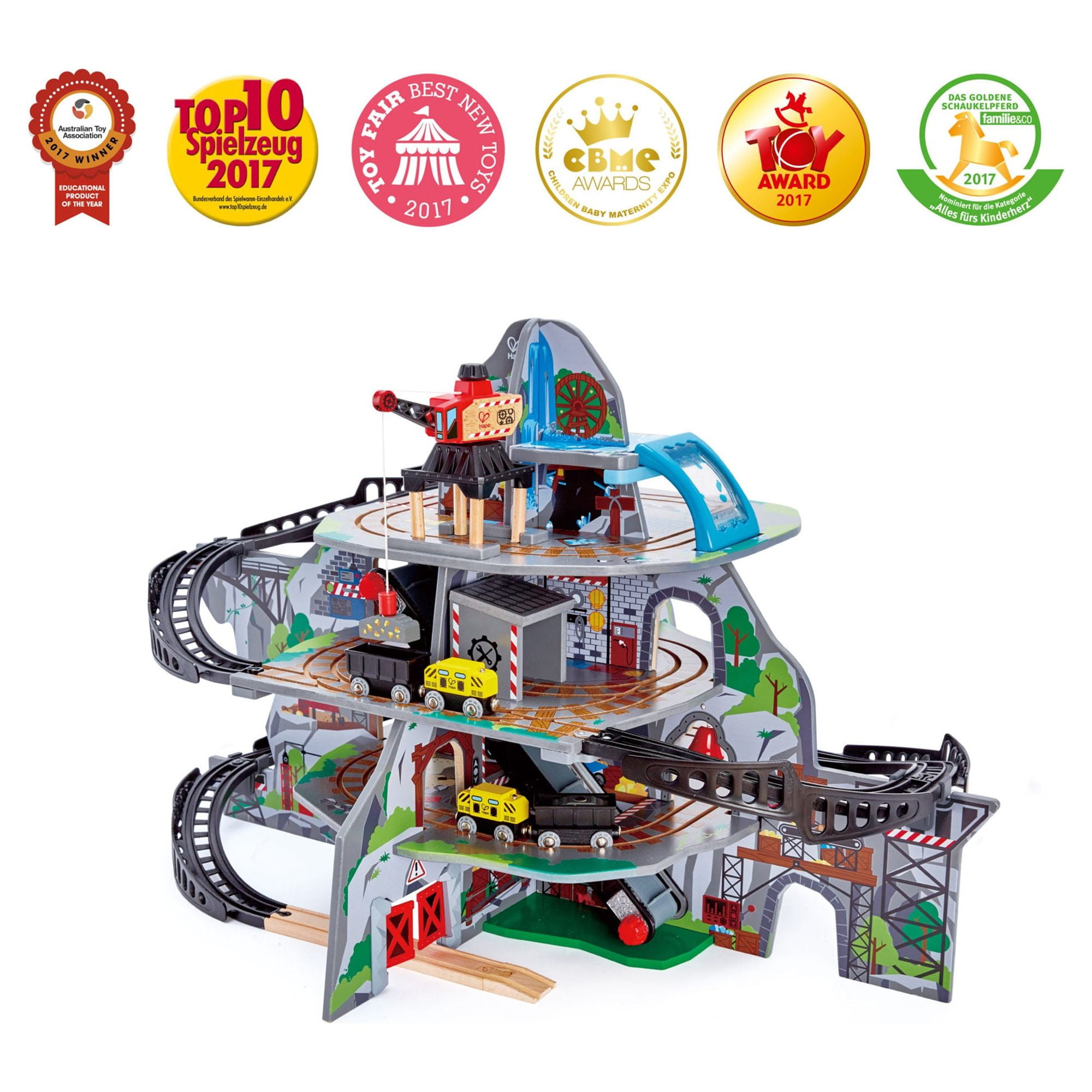 Hape Railway Mighty Mountain Train Multi-Level Wood Set, Crane, Conveyor Belt, and Bridge, Gift Idea for Toddlers & Kids Ages 3 to 10 Years Old