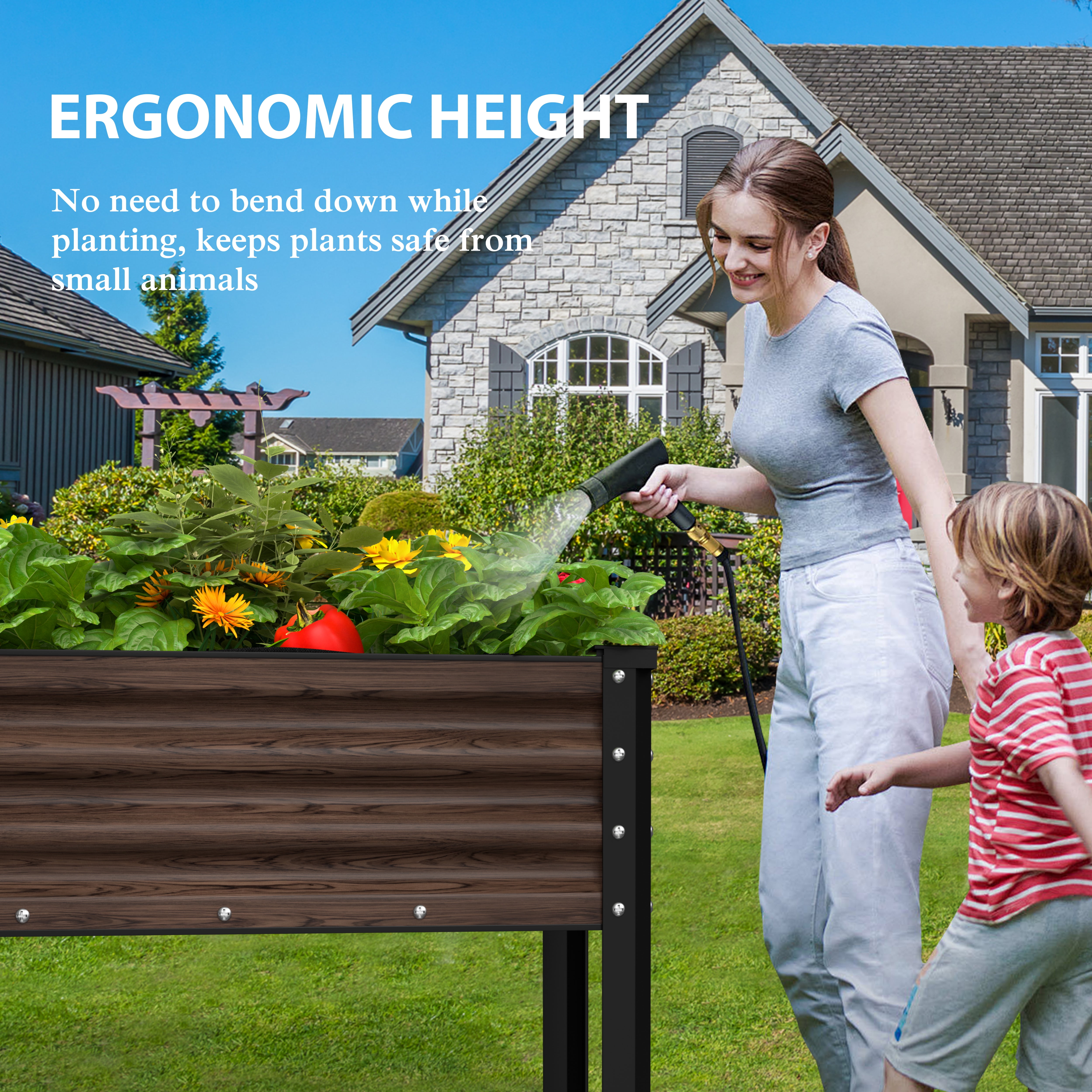 VEIKOUS 48"L×23"W×32"H Galvanized Steel Raised Garden Bed W/Drainage, Liner & Corner Protectors, Rustic