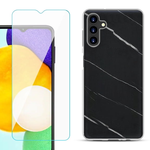Slim-Fit TPU Fashion Phone Case for Samsung Galaxy A13 5G, with Tempered Glass Screen Protector, by OneToughShield ® - Marble / Black