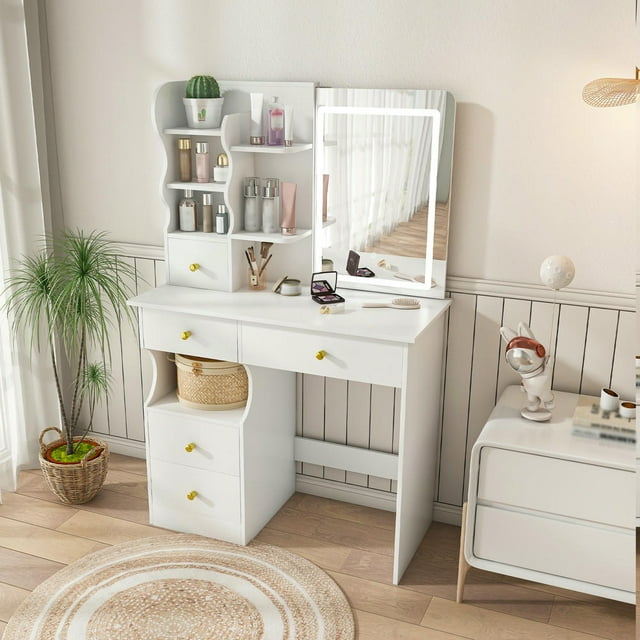Kadyn Vanity Desk with Lighted Mirror, Makeup Table with 5 Drawers for Women's and Girls' Bedrooms, White Dressing Table Makeup Desk Kadyn Vanity Desk with Lighted Mirror, Makeup Table with 5 Drawers for Women's and Girls' Bedrooms, White Dressing Table Makeup Desk