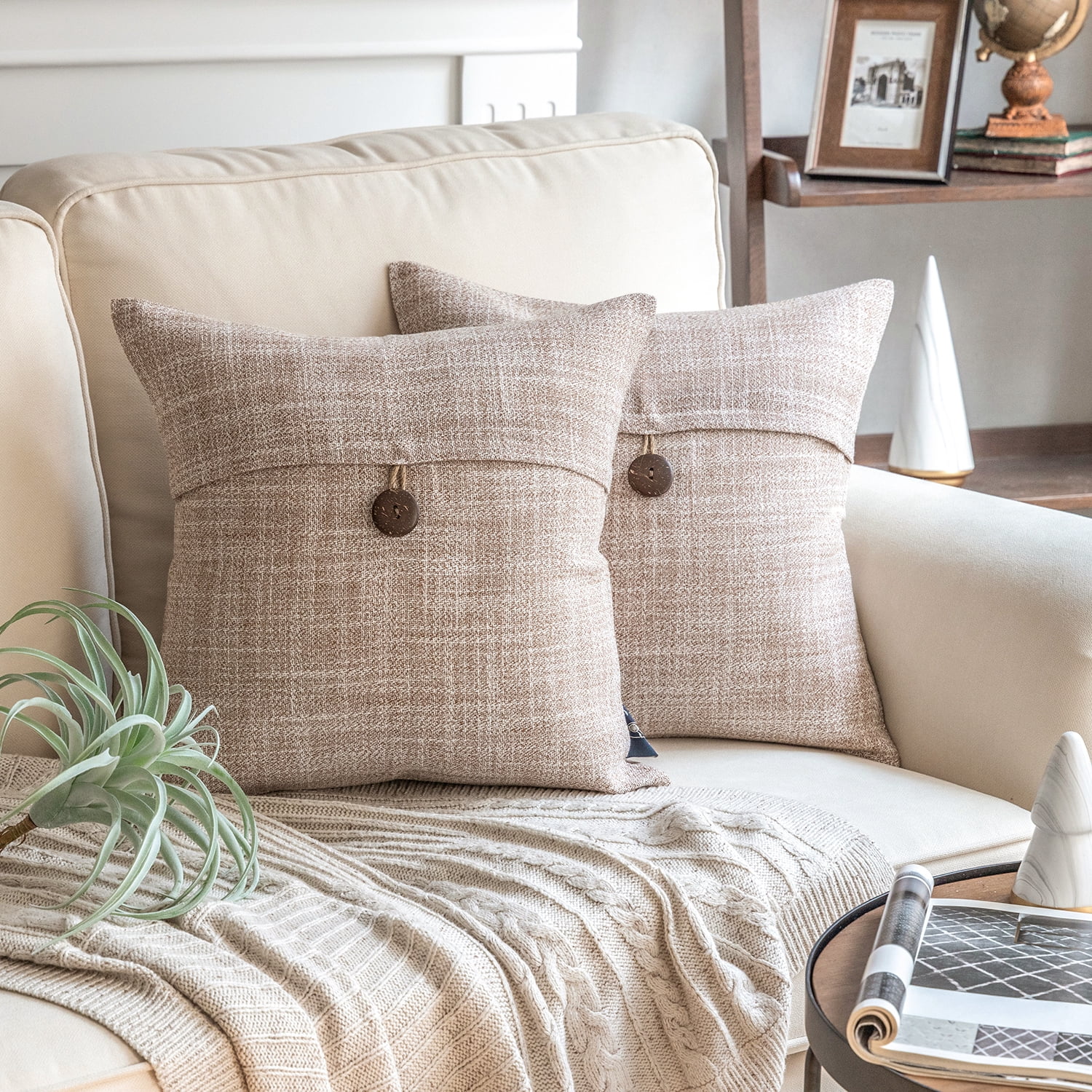 Phantoscope 18" x 18" 2-Pack Single Button Linen Farmhouse Decorative Throw Pillows, Beige