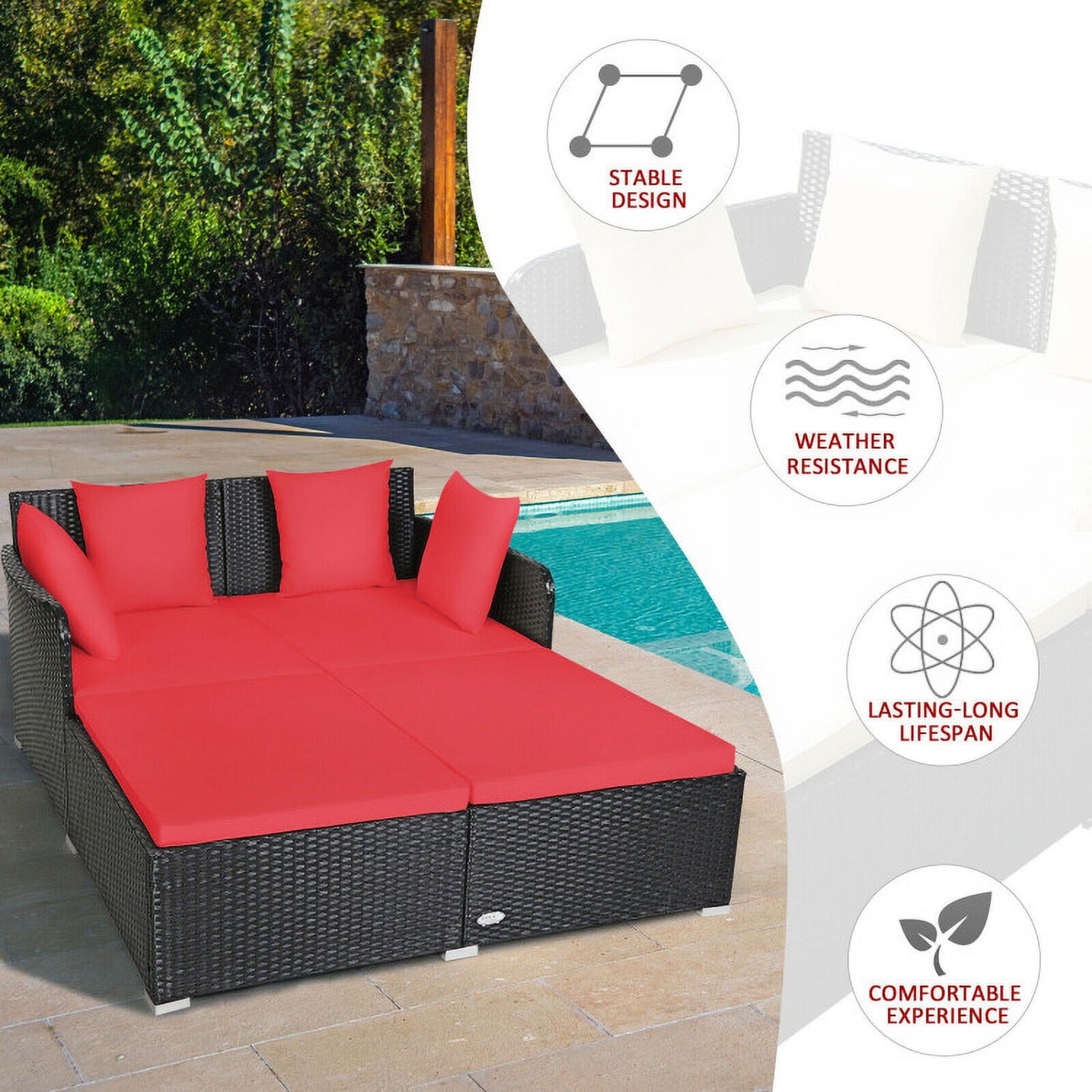 Aimee Lii Spacious Outdoor Rattan Daybed with Upholstered Cushions and Pillows, Outdoor Deck Furniture, Red Aimee Lii Spacious Outdoor Rattan Daybed with Upholstered Cushions and Pillows, Outdoor Deck Furniture, Red