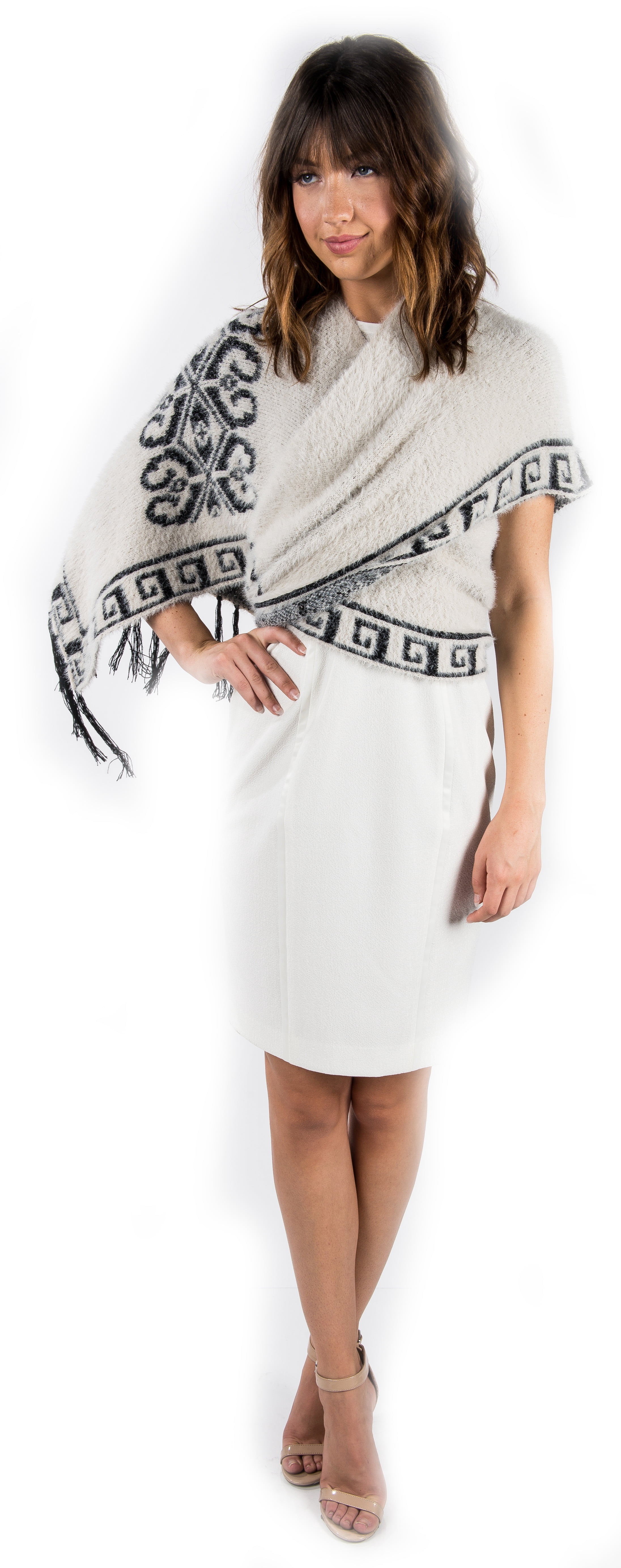 Women's Winter Knit Mayan Pattern Fringe Knit Poncho