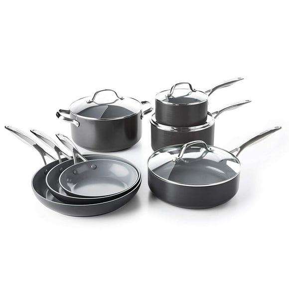 GreenPan Valencia Pro 11 Piece Hard Anodized Induction Safe Healthy Ceramic Nonstick Cookware Set, Gray