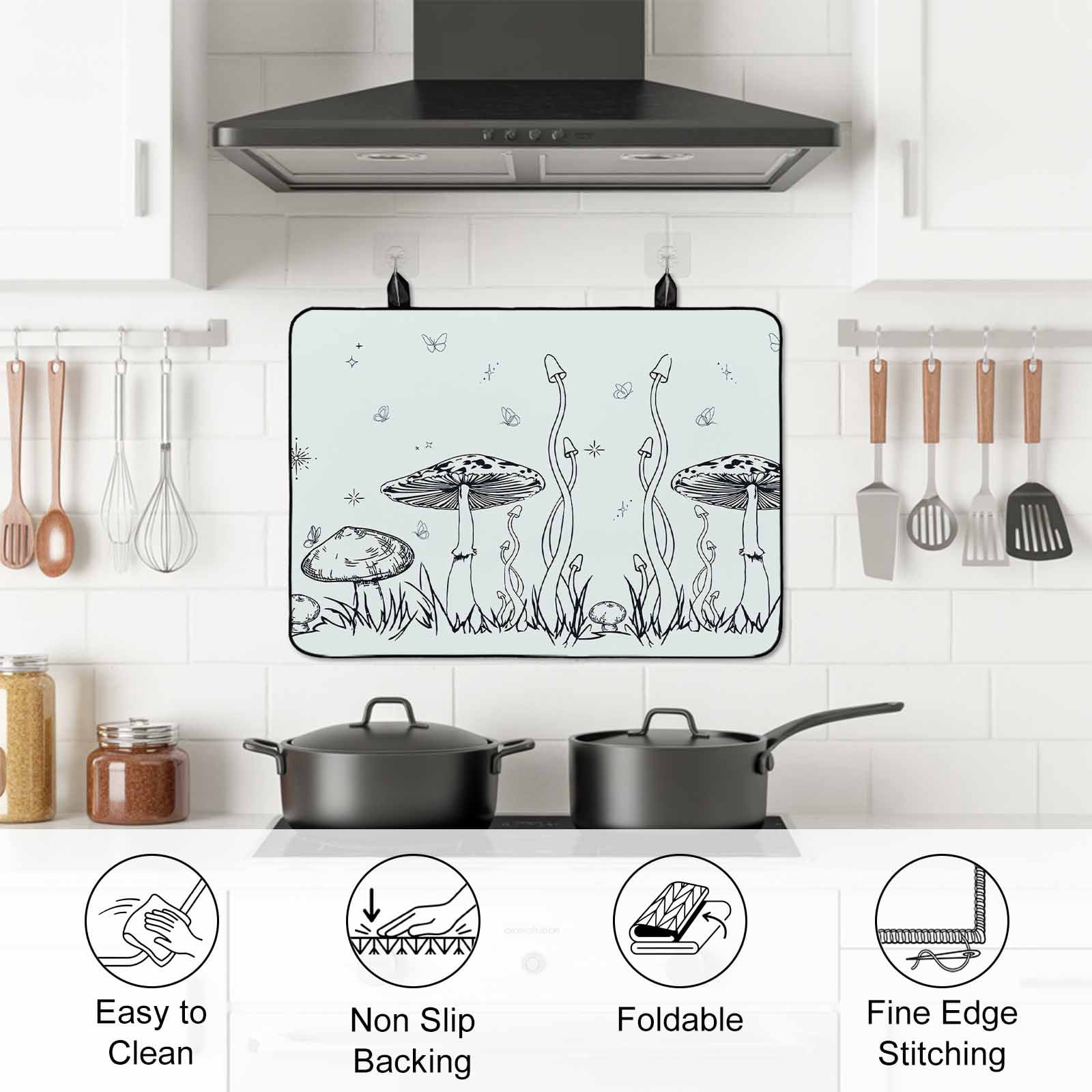 Mushroom Stove Top Cover for Electric Stove, Heat-proof & Non Slip Glass Top Stove Cover Protector, Black Lines Botanical Butterfly Spring Floral Kitchen Flat Cooktop Rubber Mat 24x21 Inches