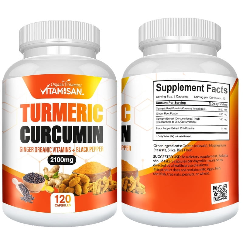 Vitamisan Turmeric Curcumin with Ginger & Black Pepper, 2100mg, 240 Capsules (2 Pack), Dietary Supplement
