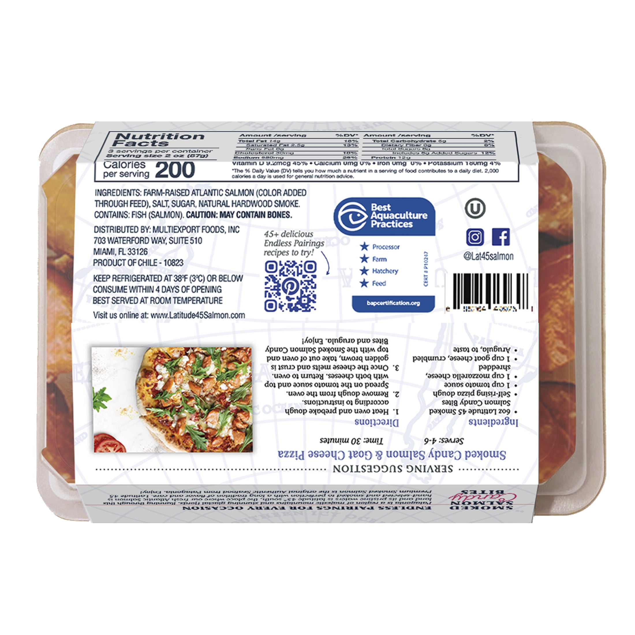 (2 pack) Latitude 45 Smoked Candy Salmon Bites, Ready to Eat Pack, 6oz serving size 2 ounces, 3 servings per container, 12g protein per serving.
