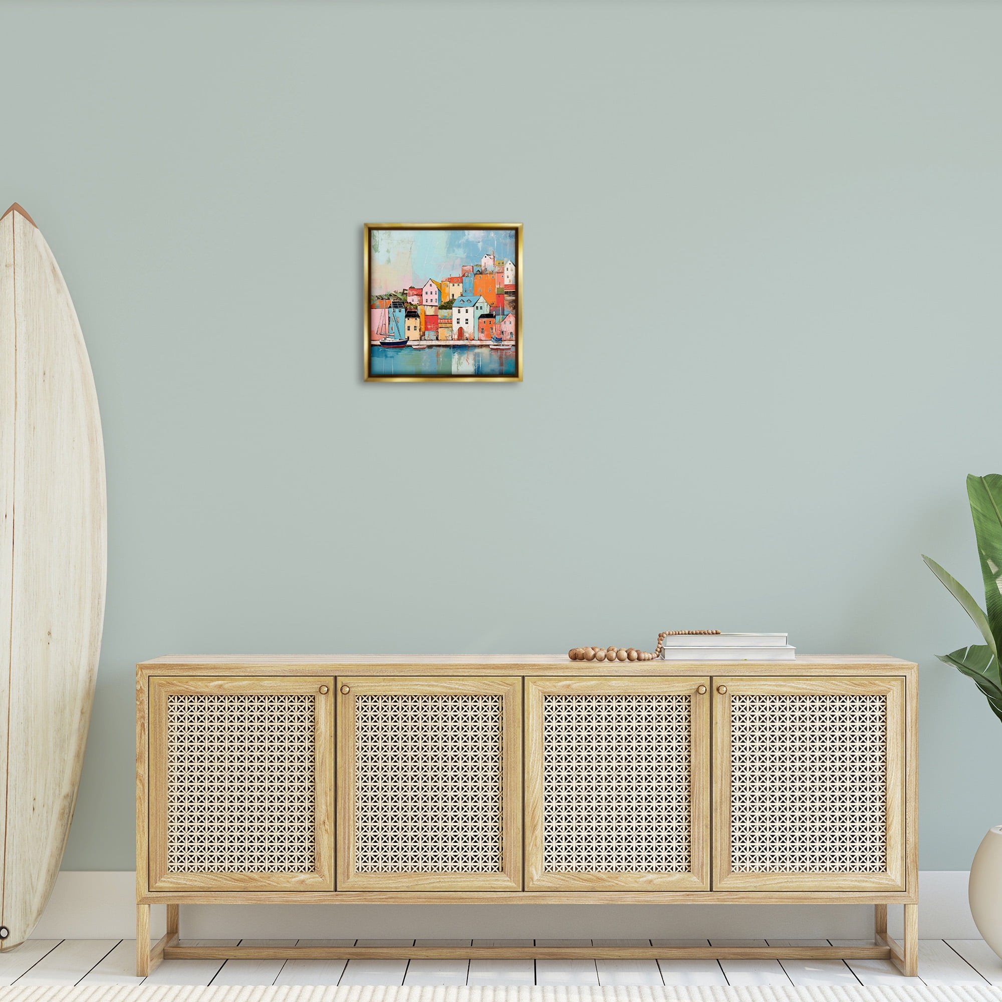 Stupell Industries Seaside Neighborhood Painting Transportation Painting Gold Floater Framed Canvas Art Print Wall Art, 18 x 18