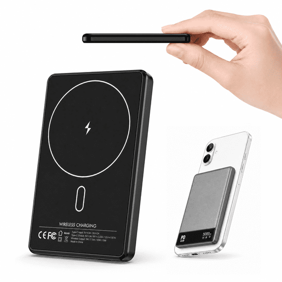 Magnetic Wireless Portable Charger, 5,000mAh Wireless Charger 15W PD20W Fast Charging ,Slim Pocket-Sized Battery Pack