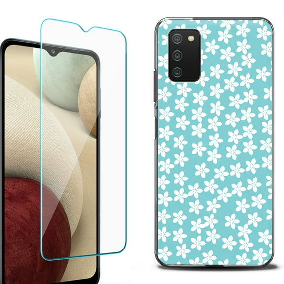 Slim-Fit Protective Fashion Phone Case (Black) for Samsung Galaxy A03s, with Tempered Glass Screen Protector, by OneToughShield ® - Flower/Teal