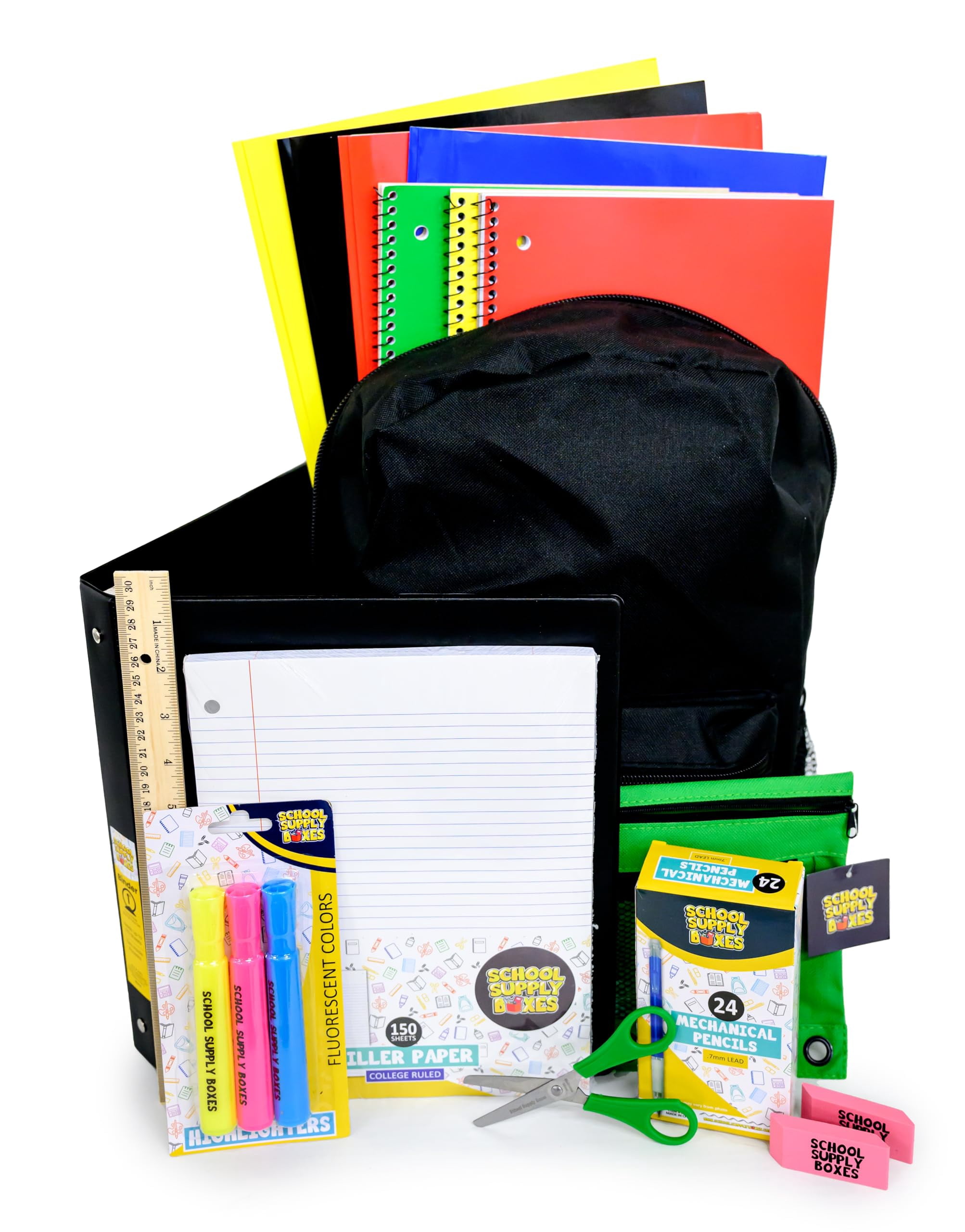 School Supply Boxes | 17" Solid Black Backpack Bundle for High School