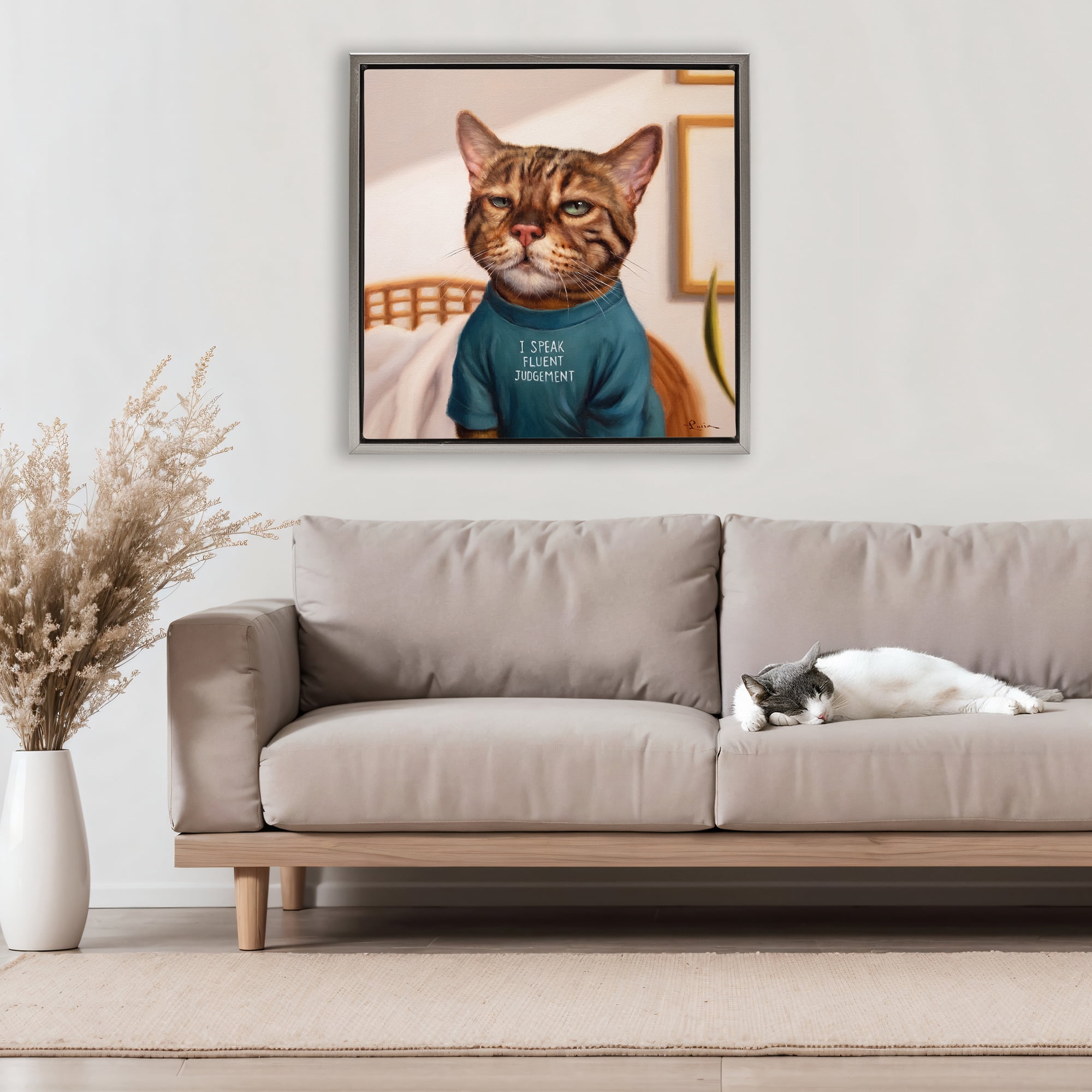 Stupell Industries Cattitude Speak Fluent Judgement Gray Framed Floater Canvas Wall Art, design by Lucia Heffernan