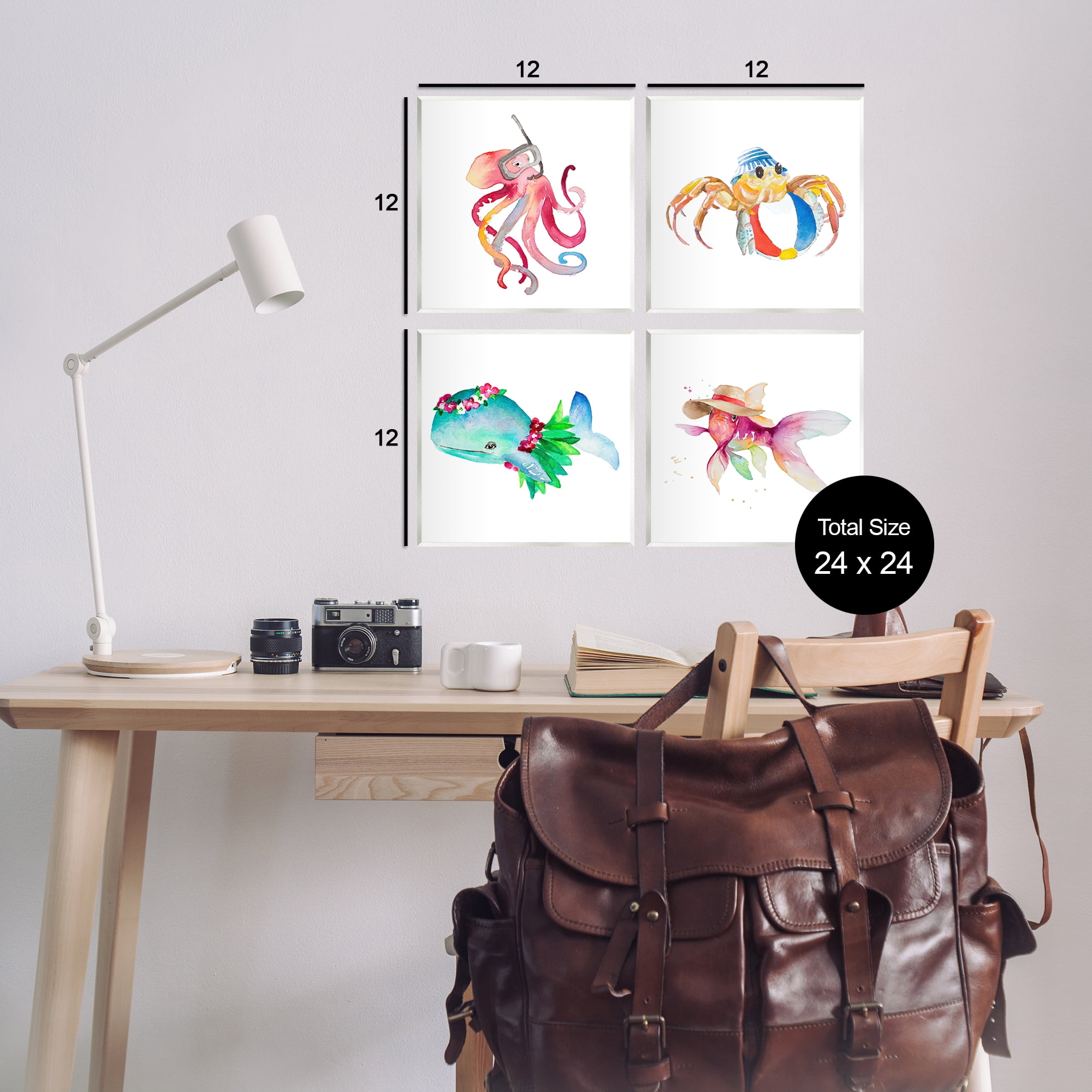 Stupell Industries Sea Creatures at Beach Nautical & Beach Painting Unframed Art Print Wall Art, 12 x 12, Set of 4