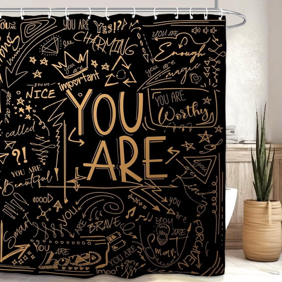 Kids Quotes Inspirational Bathroom Shower Curtain 72W by 84H Inch Motivational Positive You are Black Copper Gold Child Student Line Art Accessory Polyester 12 Hooks Waterproof Decor
