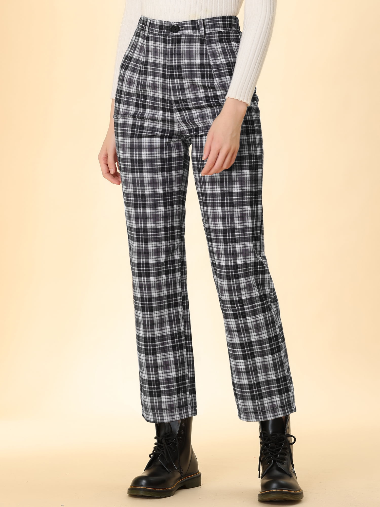 DARING DIVA Women's Plaid Trousers Button Tartan Check Work Pants 2XL Black