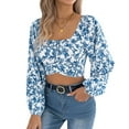 thumbnail image 3 of Women'S Floral Cropped Top Square Neck Tie Backless Shirt Top Blue M, 3 of 9