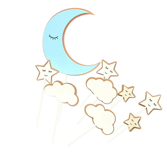 GOOHOCHY 3 Set/27 Pcs Cake Topper Decor Cartoon Moon and Star Shape Picks Decoration Paper Picks for Girls Birthday Cupcakes Supplies (Blue)
