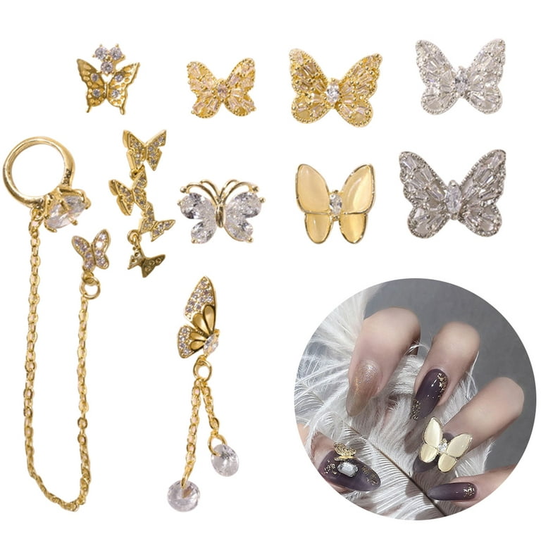 Kapmore 10PCS Nail Charm Fashion Butterfly Chain Nail Gem Nail Rhinestone Nail  Jewelry 