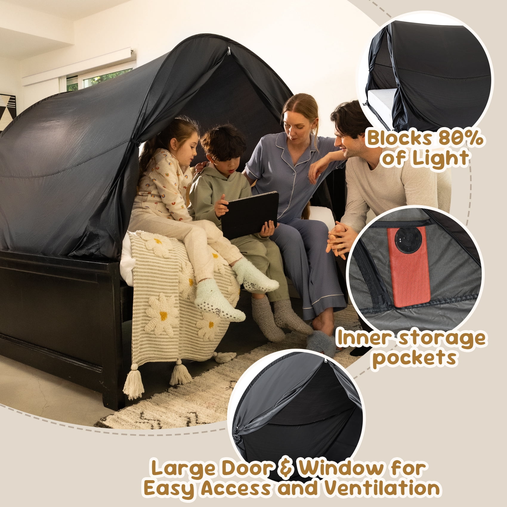 Bed Tent Full Size, Leedor Pop-Up Sleep Canopy Privacy Light-Blocking Bed Shelter with Mosquito Mesh Sleeping Tent for Kids and Adults Black