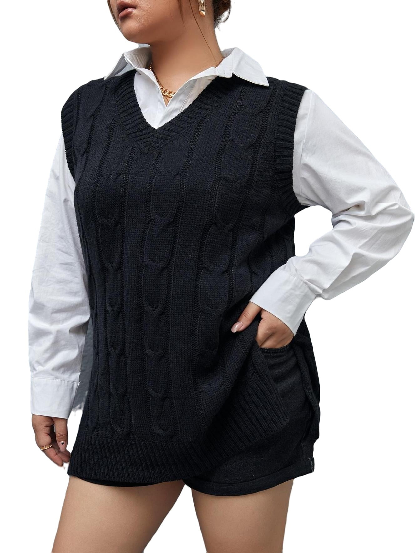 Casual Plain V neck Black Plus Size Sweater Vests (Women's Plus)