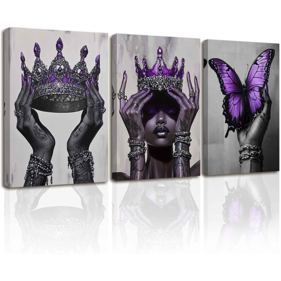 FCCUYE 3 Piece African American Wall Art Butterfly Queen Crown Pictures Black Girl Painting Elegant Woman Canvas Prints for Bedroom Living Room Framed (Blue, 24.00" x 36.00" x 3PCS)