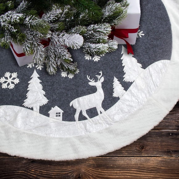 Falda para árbol de Navidad, 7 Felicity Fur, rústica, blanca con ciervo, 122 cm