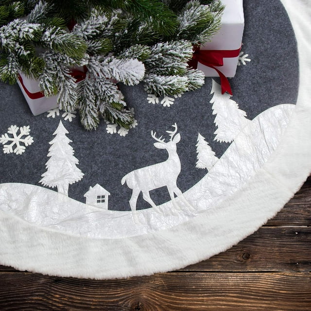Falda para árbol de Navidad, 7 Felicity Fur, rústica, blanca con ciervo, 122 cm