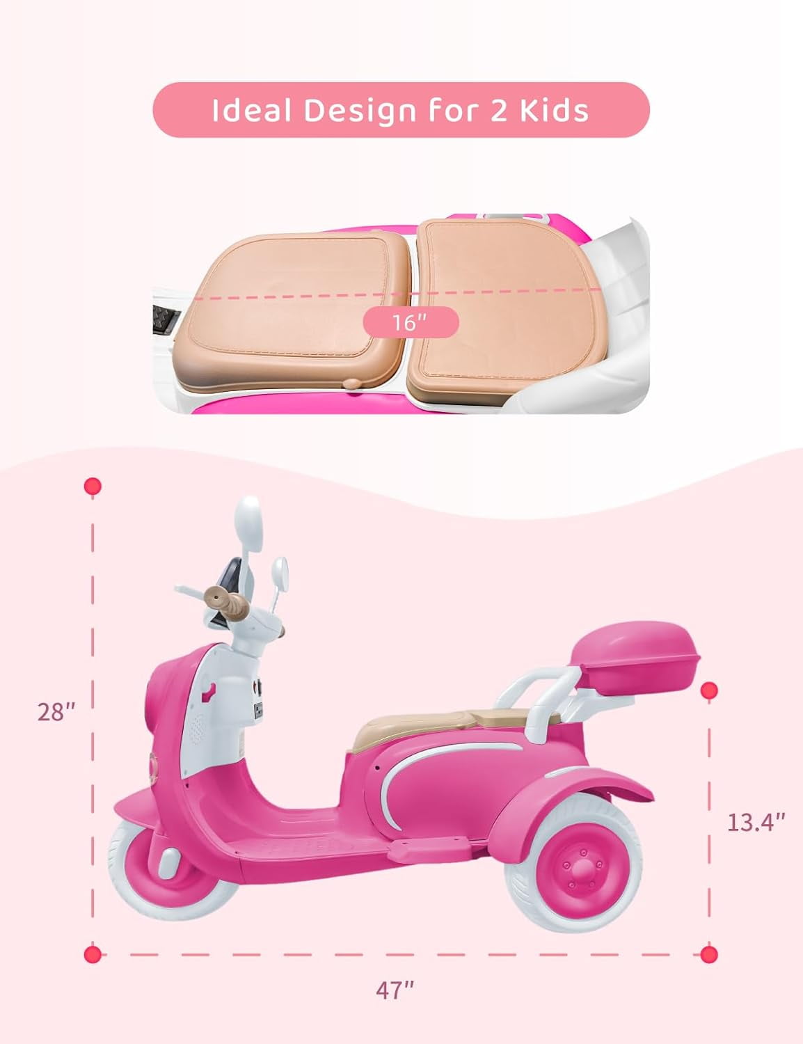 TCARAIWEN Girls Electric Motorcycle, 2 Seats Kids Motorcycle,12V Ride On Scooter for Kids with Storage Compartments, Cute Design with Stable 3-Wheel Structure, Ideal Moped for Girls Ages 3-6 (Rose)