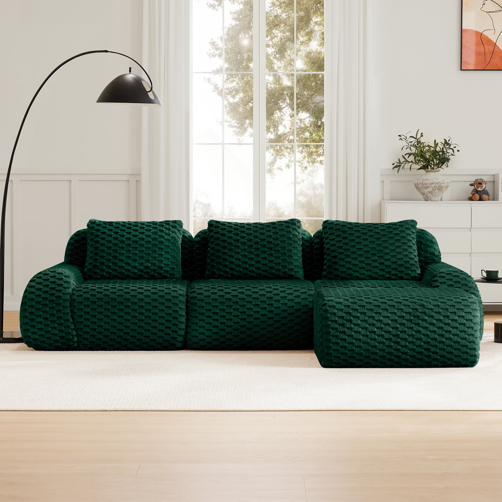 MAYEERTY 114" Modern L-Shaped Sofa, Textured Flannelette, Movable Ottoman, Cloud Comfort, No Assembly, Green