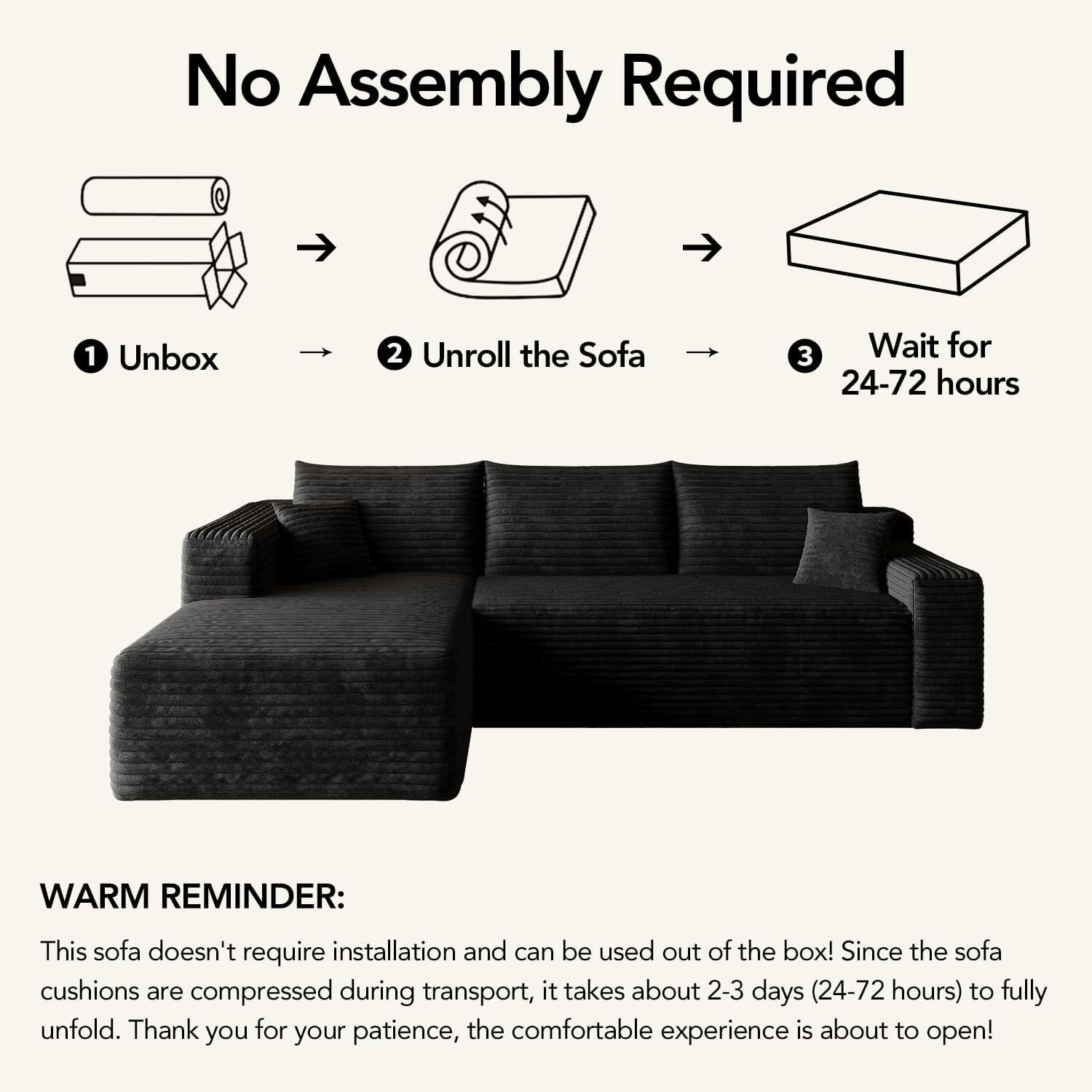 103" Cloud Sectional Sofa, Modern L Shaped Deep Seat Couch, Plush Corduroy Upholstered Sofa No Assembly, Living Room