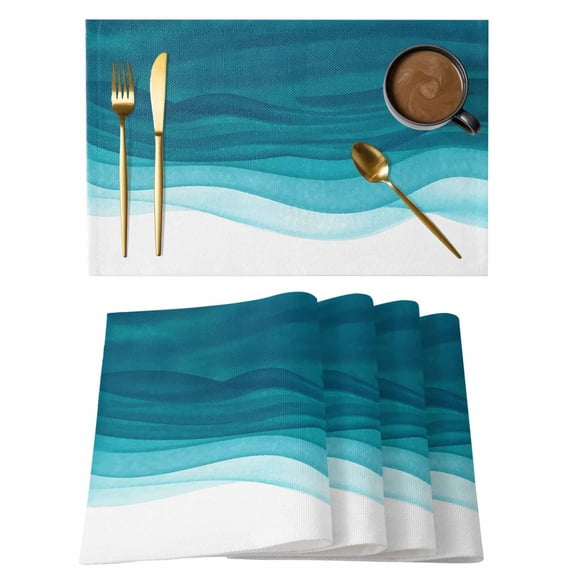 Ombre Teal Waves Placemats Set of 4, Abstract Art Gradient Modern Placemats for Dining Table, Place Mats for Kitchen Tabletop, Waterproof Wipeable Dining Table Mats Set