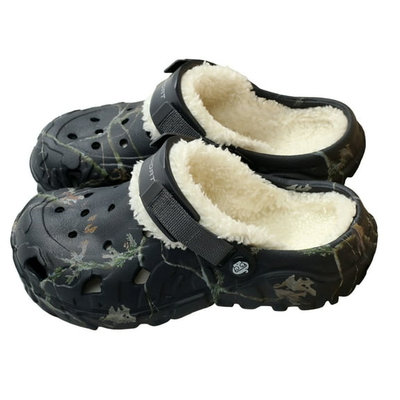 Mens Camo Fuzzy Garden Clogs Winter Warm Cozy Non Slip Fleece Lined Plush Slippers for Indoor and Outdoor Food Service
