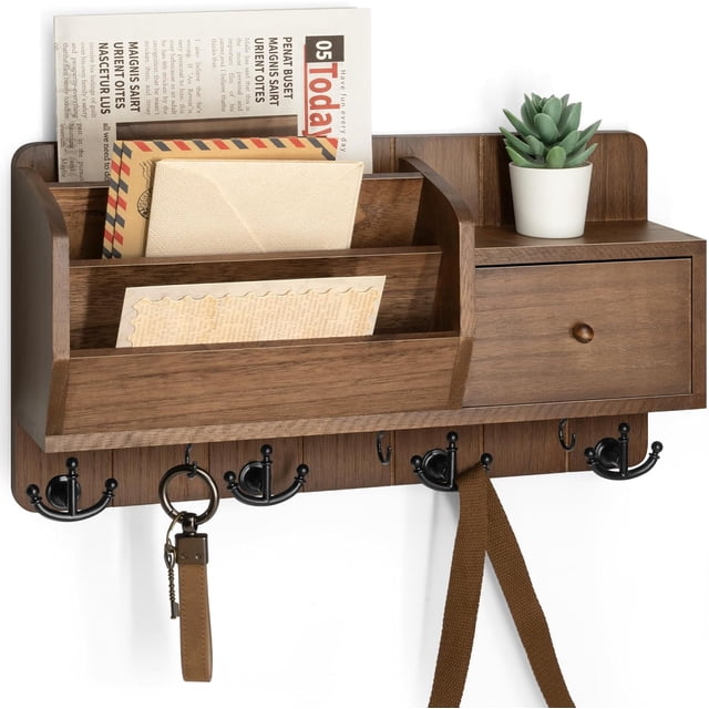 Key Holder Wall Mount Mail Organizer Wall Mount with Storage Hooks and Drawer for Modern Farmhouse Decor Mail Organizer Wall Mounted for Rustic Apartment Essentials ()