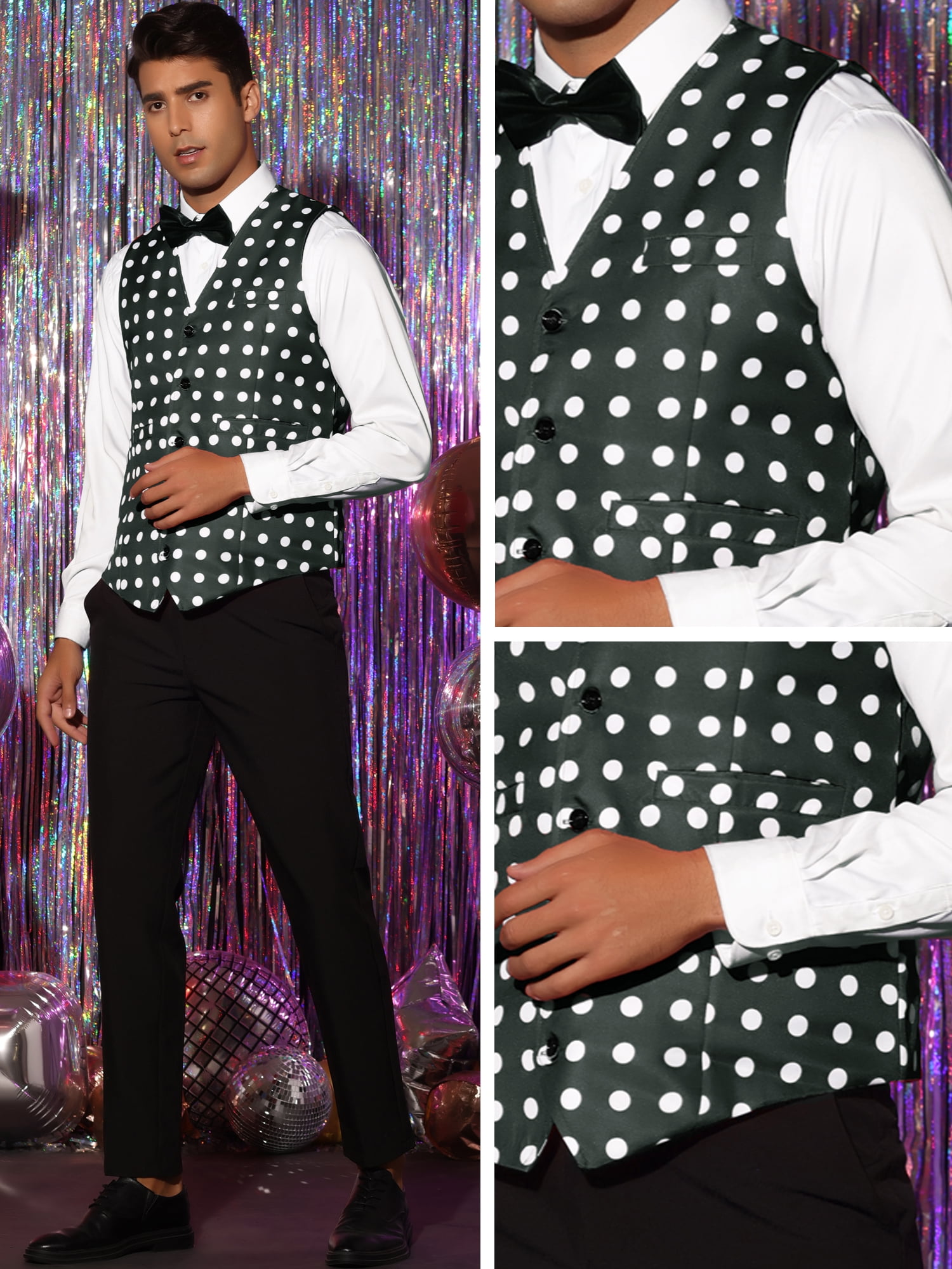 Unique Bargains Men's Dress Slim V-Neck Sleeveless Polka Dots Pattern Waistcoat Vest S Black